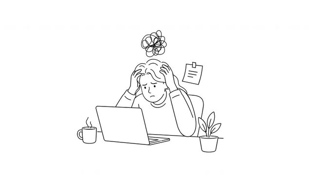 Stressed Office Worker Facing Mental Overload and Work Pressure &ndash; Minimal Line Art Animation
