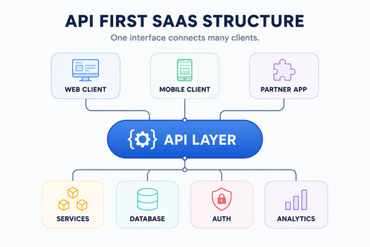 A diagram illustrates the API First SaaS structure, showing web, mobile, and partner clients connecting to an API layer which interfaces with services, a database, authentication, and analytics.