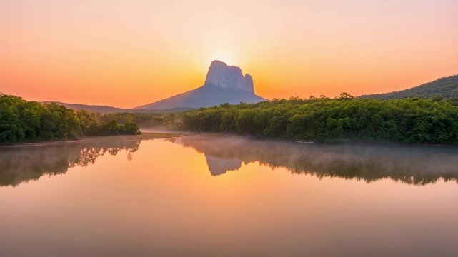 Serene sunrise over a tranquil lake with a majestic mountain backdrop. A perfect scene for nature lovers and outdoor enthusiasts seeking peace and inspiration