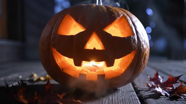Spooky carved jack o lantern with glowing candle inside, surrounded by autumn leaves and atmospheric smoke on rustic wooden surface, nighttime
