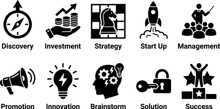 A collection of business strategy icons in vector format, including symbols for discovery, investment, and innovation.