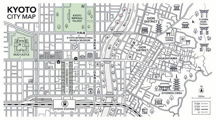 Obraz premium Hand drawn kyoto city map showing major shrines and historical sites