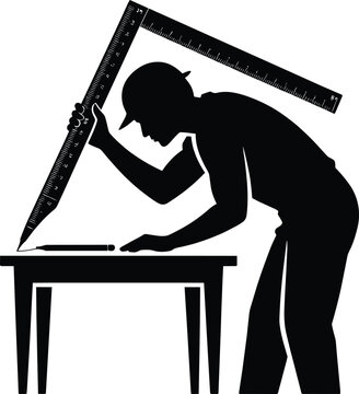 Architect using a t-square and pencil on a blueprint at a table, side view silhouette and drawing board, measuring tool