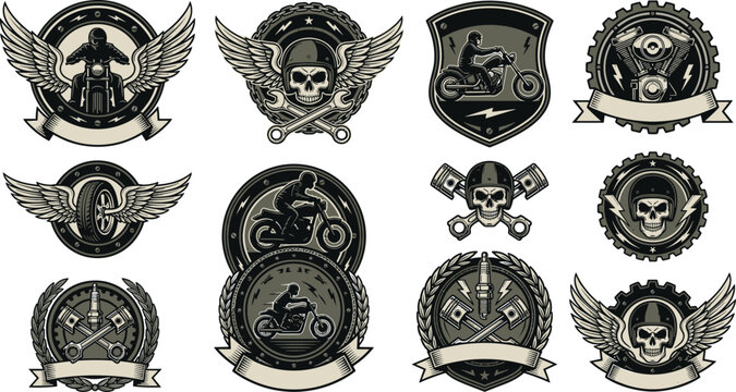 Biker motorcycle club emblem vector set with vintage chopper rider wings skulls pistons engine gears ribbons and retro garage badges isolated on white background