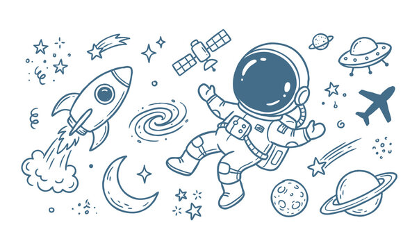 Vector line art doodle of an astronaut in outer space with planets and rockets.