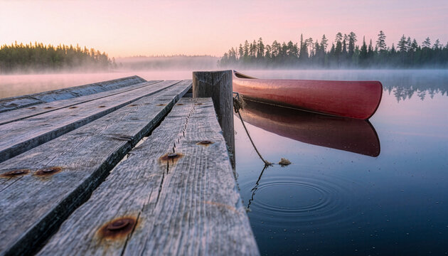 Red Canoe on Weathered Dock Over Misty Northern Lake at Dawn, Canada Day Wilderness Concept