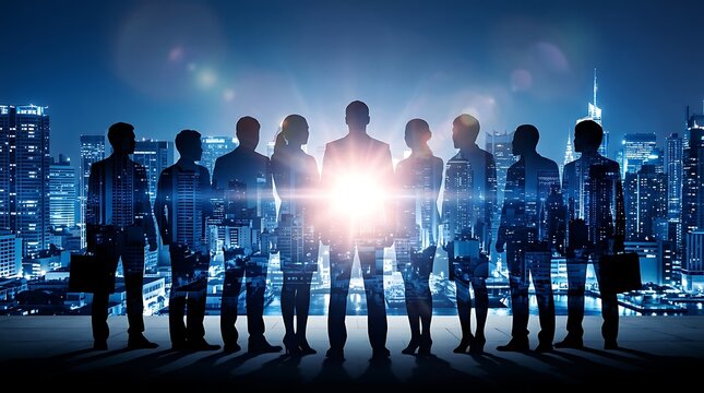 Standing Tall, City Lights: Silhouetted figures of a professional team stand united against a backdrop of a glittering cityscape at night, exuding confidence and leadership.