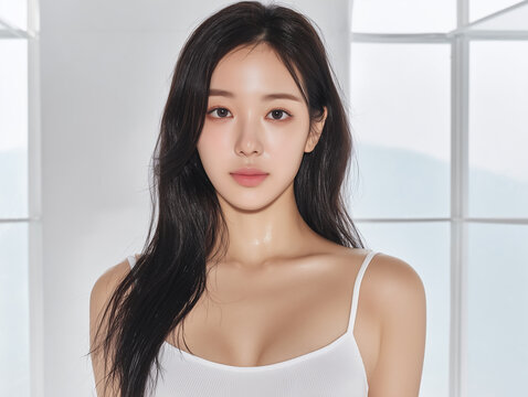 Asian Female model for cosmetic advertising. Beauty skin woman with bare shoulder on white background.