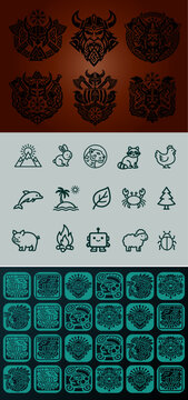 Vector illustration bundle: Norse Viking emblems and symbols, minimalist outline nature and animal icons, and ancient Aztec, Mayan, and Inca glyphs