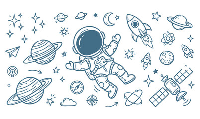 Vector line art doodle of an astronaut in outer space with planets and rockets. © Avartde