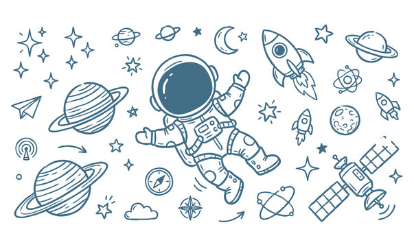 Vector line art doodle of an astronaut in outer space with planets and rockets.