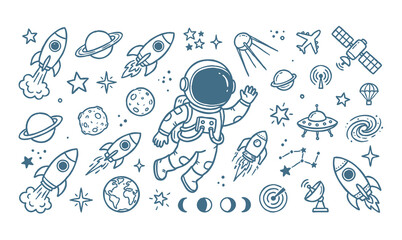 Vector line art doodle of an astronaut in outer space with planets and rockets. © Avartde