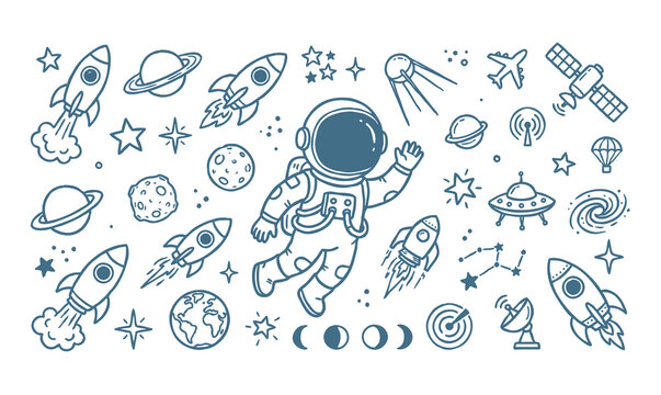Vector line art doodle of an astronaut in outer space with planets and rockets.