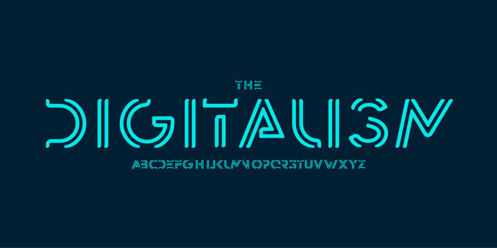 Futuristic linear font neon outline alphabet abstract digital lines typescript for hacker style logo, cyber UI, tech display headline, AI interfaces, next-gen typographic design. Vector typeset