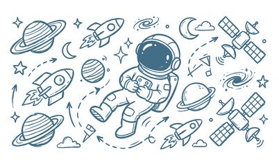 Vector line art doodle of an astronaut in outer space with planets and rockets. © Avartde