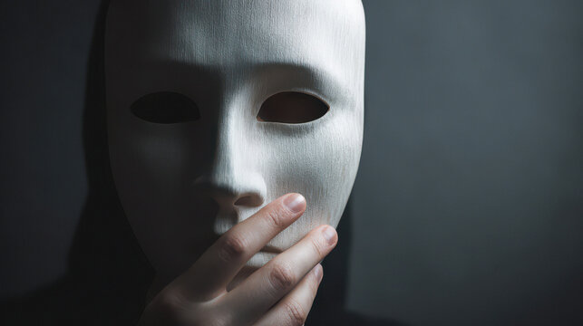 Person Holding White Textured Mask, Hand Covering Mouth in Silence Gesture