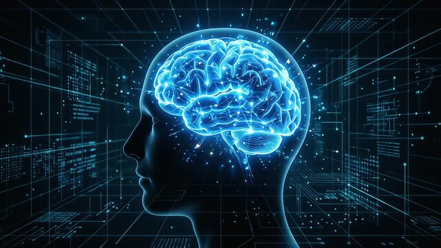 A digital graphic video of a human brain glowing blue against a cyberspace background.