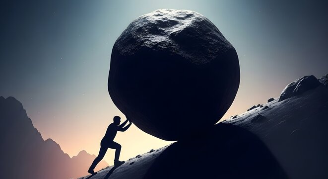 Man Pushing Huge Boulder Up Hill Toward Success