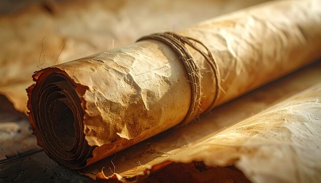 Ancient Scroll Tied With Rope on Textured Parchment Background.