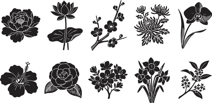 Traditional oriental floral vector icon set featuring peony lotus plum blossom chrysanthemum orchid hibiscus and daffodil flower black silhouette elements isolated on background