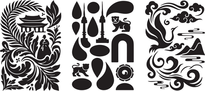 Traditional South Korean cultural vector element set featuring hanbok woman gyeongbokgung palace seoul tower crane bird tiger and oriental cloud black silhouettes on background