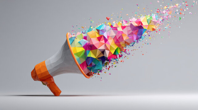Dynamic megaphone with colorful geometric shapes for spreading messages and ideas.