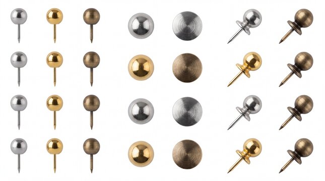 Collection of assorted metal push pins and round tacks arranged in rows on white background
