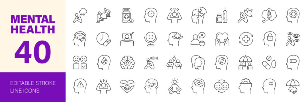 Mental health icon set. Editable line icons. Vector illustration.