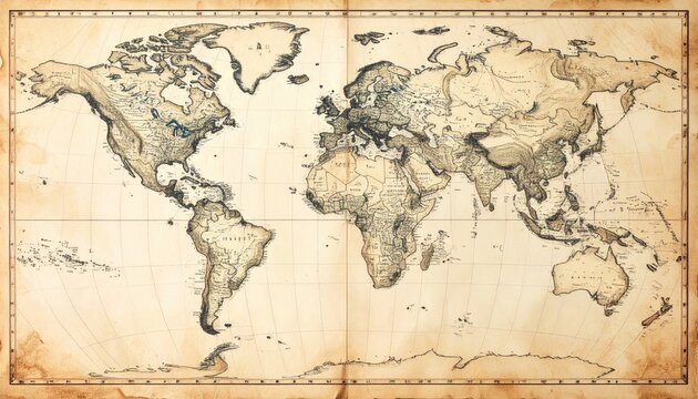 Vintage World Map Illustration on Aged Parchment Paper.