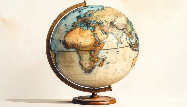 Vintage Globe on a Wooden Stand Showing Africa and Europe.