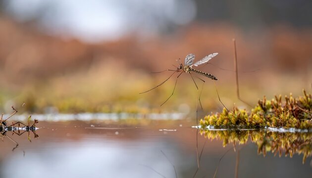 Crane fly with long legs and delicate wings hovers over reflective water surface