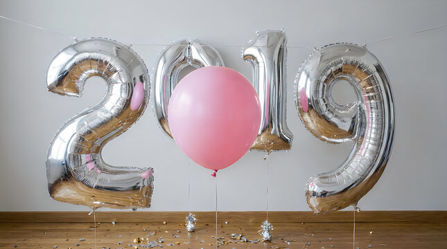 Silver balloons in shape of 2019 with pink balloon