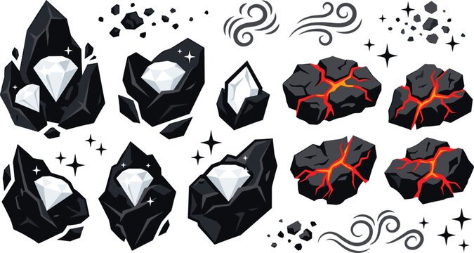 Cartoon raw diamond ore and glowing lava rocks vector asset setCartoon raw diamond ore and glowing lava rocks vector asset set