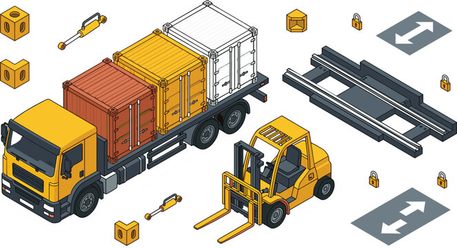 Isometric shipping cargo truck vector set with forklift and modular container elementsIsometric shipping cargo truck vector set with forklift and modular container elements
