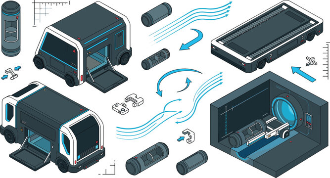 Isometric futuristic hyperloop cargo transit vector set with automated pod logistics elementsIsometric futuristic hyperloop cargo transit vector set with automated pod logistics elements