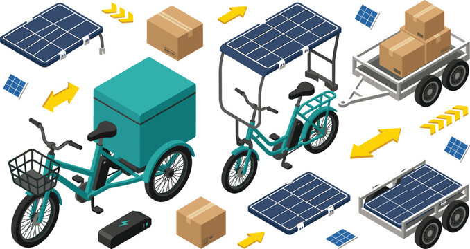 Isometric eco delivery ebike vector set with solar panels and cargo elementsIsometric eco delivery ebike vector set with solar panels and cargo elements