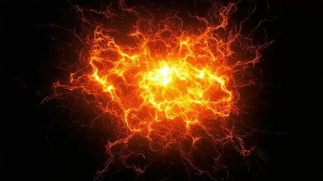 Motion graphics showing a fierce, lightning-like orange energy spreading outwards from the center of a black background.