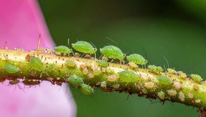 Fototapeta premium Dense cluster of green aphids overwhelming a tender rose stem in macro detail