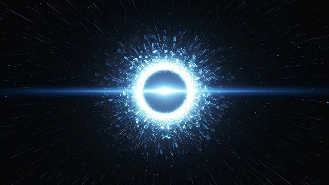 A pale blue light explodes from the center, scattering tiny fragments in all directions, creating a lens flare and a space-like effect.