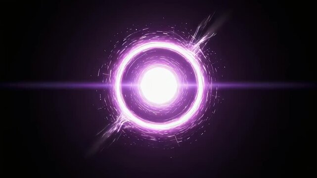 A ring of purple light and intense flashes of energy emanate from a white light source floating in the darkness.