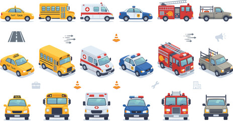City transport and emergency vehicles vector icon set featuring taxi school bus ambulance police car fire engine and pickup truck in isometric perspective isolated on background © Sujon Shah