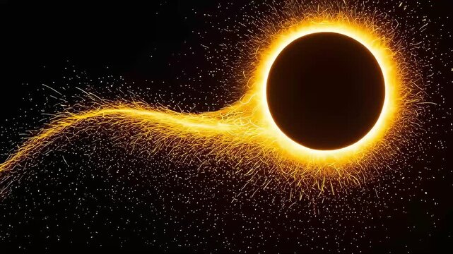Motion graphics of a black circle resembling a solar eclipse, trailing to the left while scattering countless golden sparks.