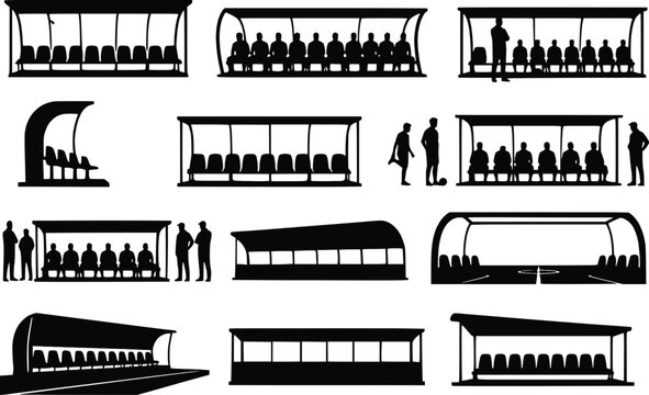Soccer football dugout bench shelter substitute silhouettes vector set isolated