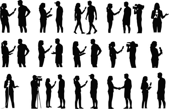 Sports journalist reporter interviewing player microphone silhouettes vector set isolated