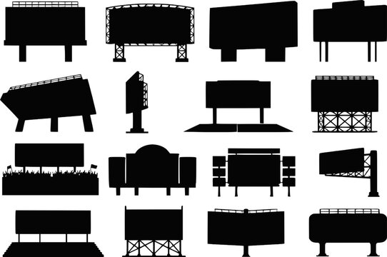 Stadium scoreboard billboard screen silhouettes vector icon set isolated