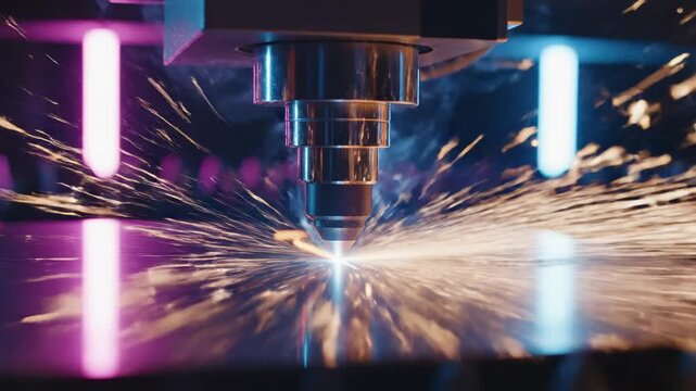 Closeup of a precise laser cutter beam creating sparks and smoke on metal, industrial manufacturing, glowing neon lights, futuristic technology