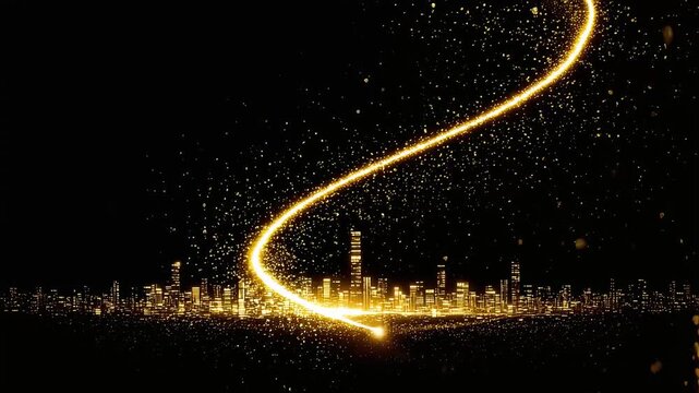 Images of golden light trails and particles raining down on the silhouette of a glittering city.