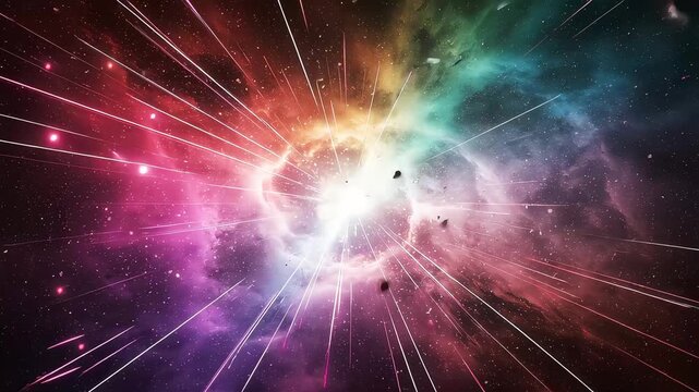 A video of the Big Bang in space, showing rays of light exploding from the center of a colorful nebula.