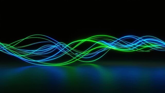A 3D graphic video featuring glowing blue and green neon waves undulating against a black background.
