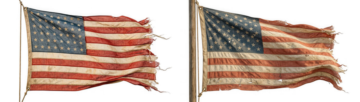Two tattered antique american flags fluttering on flagpoles isolated on transparent background